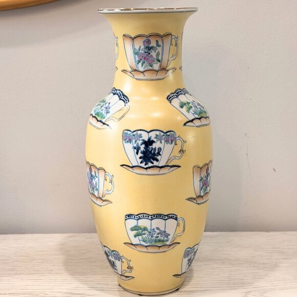 Vintage Large 12.5” HAND PAINTED Teacup Yellow VASE ORIENTAL ACCENTS Chinoiserie - Picture 1 of 11